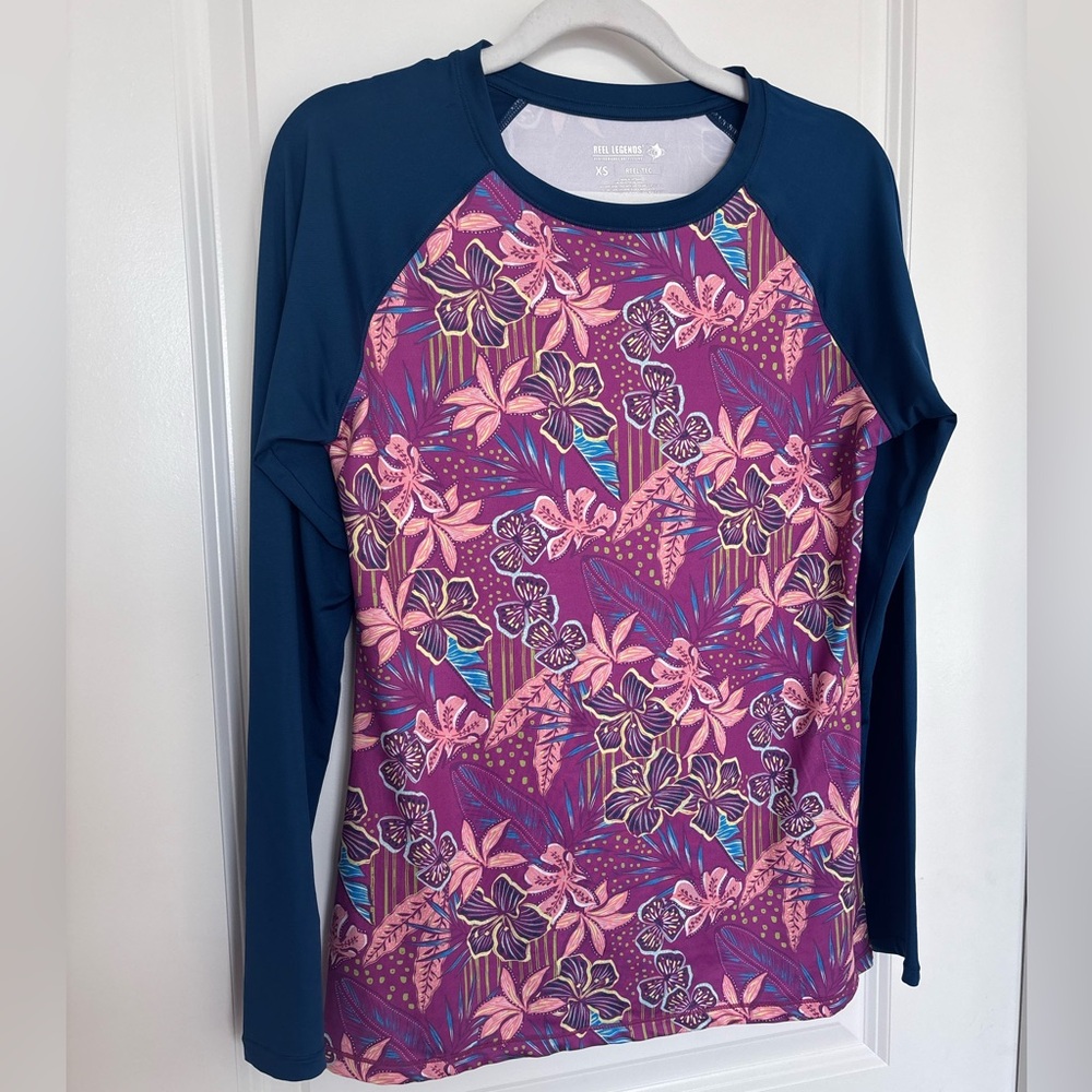 Reel Legends Reel-Tec Floral Rash Guard Swim Top Tropical UPF Beach Vacation XS